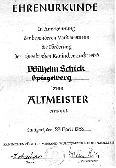 Foto Altmeister-Urkunde von Wilhelm Schick